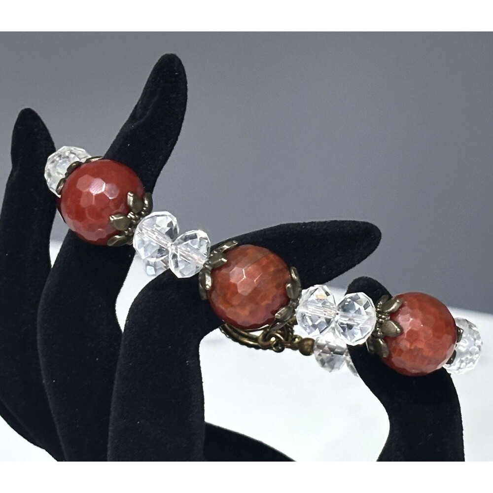 Estate Stone Glass Beaded Bracelet Red Faceted Chunky Artisan Gold Tone 7.25"
